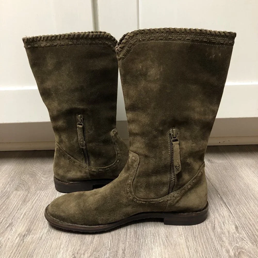 Trask Women's Size 7.5 Olive Green Suede Leather Boots Mid Calf Army Green